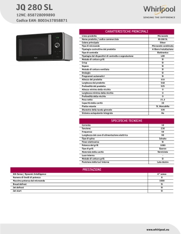 Whirlpool JQ 280 SL Product data sheet | Manualzz