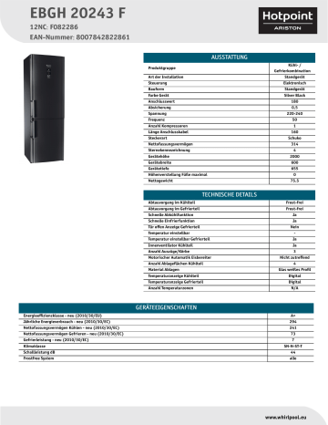HOTPOINT/ARISTON EBGH 20243 F Fridge/freezer combination Product Data Sheet | Manualzz