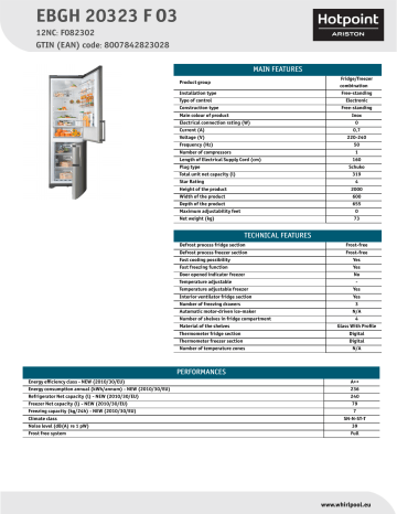 HOTPOINT/ARISTON EBGH 20323 F O3 Fridge/freezer combination Product Data Sheet | Manualzz