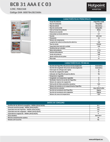 HOTPOINT/ARISTON BCB 31 AAA E C O3 Fridge/freezer combination Product Data Sheet | Manualzz