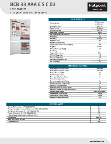 HOTPOINT/ARISTON BCB 33 AAA E S C O3 Fridge/freezer combination Product Data Sheet | Manualzz
