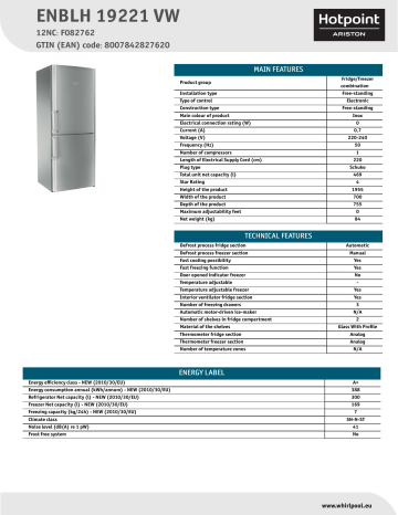HOTPOINT/ARISTON ENBLH 19221 VW Fridge/freezer combination Product Data Sheet | Manualzz
