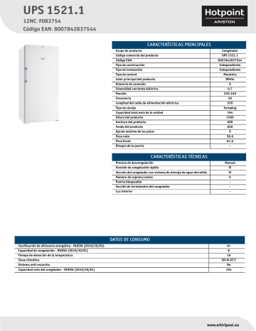 HOTPOINT/ARISTON UPS 1521.1 Freezer Product Data Sheet | Manualzz