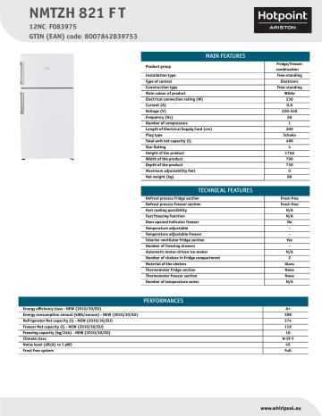 HOTPOINT/ARISTON NMTZH 821 F T Fridge/freezer combination Product Data Sheet | Manualzz