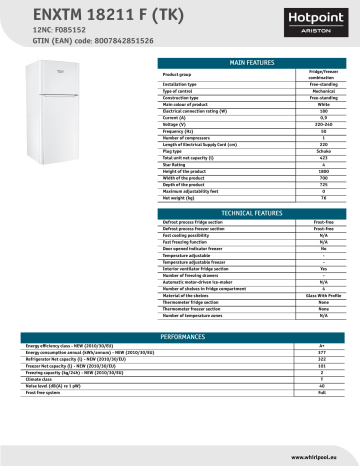 HOTPOINT/ARISTON ENXTM 18211 F (TK) Fridge/freezer combination Product Data Sheet | Manualzz