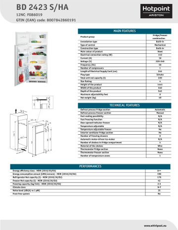 HOTPOINT/ARISTON BD 2423 S/HA Fridge/freezer combination Product Data Sheet | Manualzz
