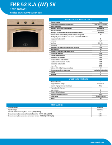 Indesit FMR 52 K.A (AV) SV Oven Product Data Sheet | Manualzz