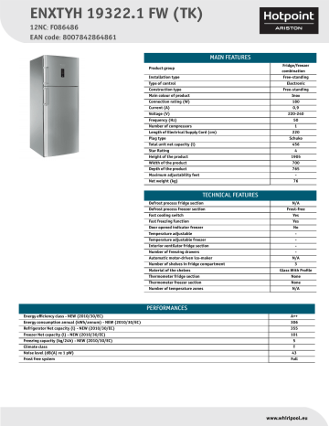 HOTPOINT/ARISTON ENXTYH 19322.1 FW (TK) Fridge/freezer combination Product Data Sheet | Manualzz