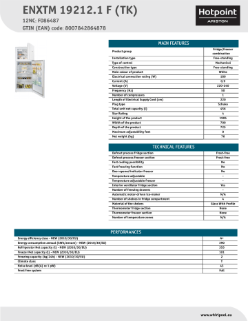 HOTPOINT/ARISTON ENXTM 19212.1 F (TK) Fridge/freezer combination Product Data Sheet | Manualzz