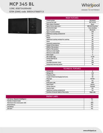 Whirlpool MCP 345 BL Product data sheet | Manualzz
