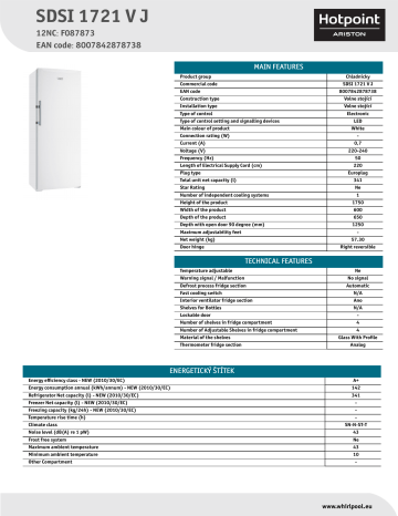 HOTPOINT/ARISTON SDSI 1721 V J Refrigerator Product Data Sheet | Manualzz