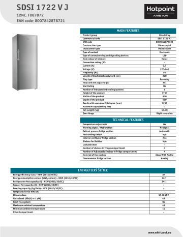 HOTPOINT/ARISTON SDSI 1722 V J Refrigerator Product Data Sheet | Manualzz