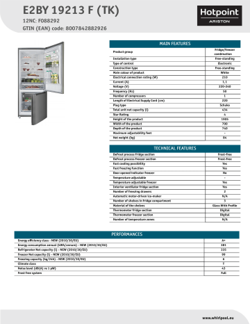 HOTPOINT/ARISTON E2BY 19213 F (TK) Fridge/freezer combination Product Data Sheet | Manualzz