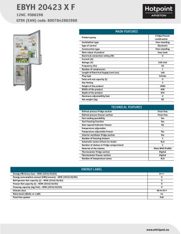 HOTPOINT/ARISTON EBYH 20423 X F Fridge/freezer combination Product Data Sheet | Manualzz