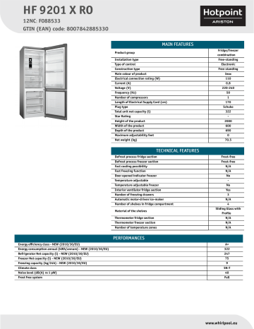 HOTPOINT/ARISTON HF 9201 X RO Fridge/freezer combination Product Data Sheet | Manualzz