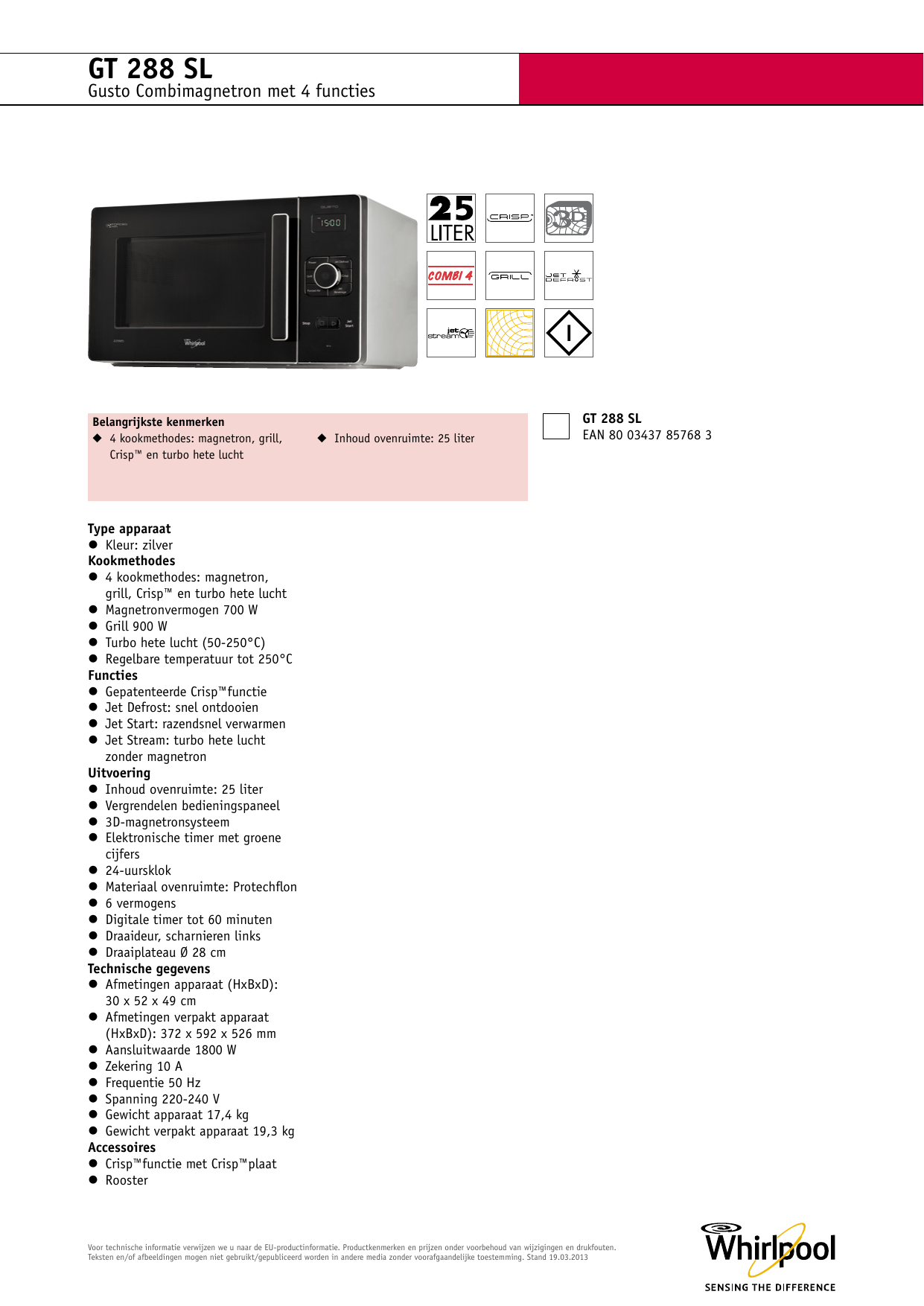 Whirlpool GT 288 SL Microwave Product Data Sheet | Manualzz