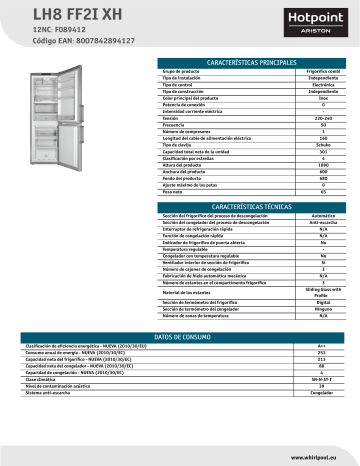 HOTPOINT/ARISTON LH8 FF2I XH Fridge/freezer combination Product Data Sheet | Manualzz