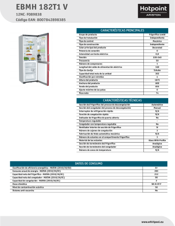 HOTPOINT/ARISTON EBMH 182T1 V Fridge/freezer combination Product Data Sheet | Manualzz