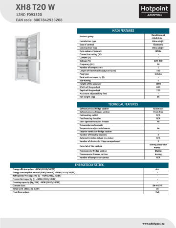 HOTPOINT/ARISTON XH8 T2O W Fridge/freezer combination Product Data Sheet | Manualzz