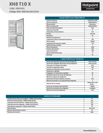 HOTPOINT/ARISTON XH8 T1O X Fridge/freezer combination Product Data Sheet | Manualzz