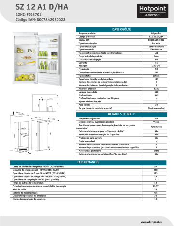 HOTPOINT/ARISTON SZ 12 A1 D/HA Refrigerator Product Data Sheet | Manualzz