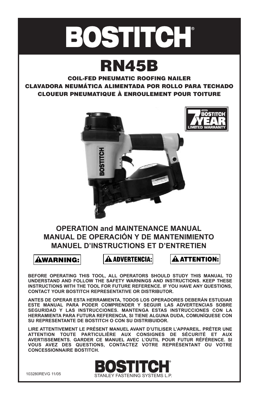 Bostitch Nail Gun RN45B User manual Manualzz