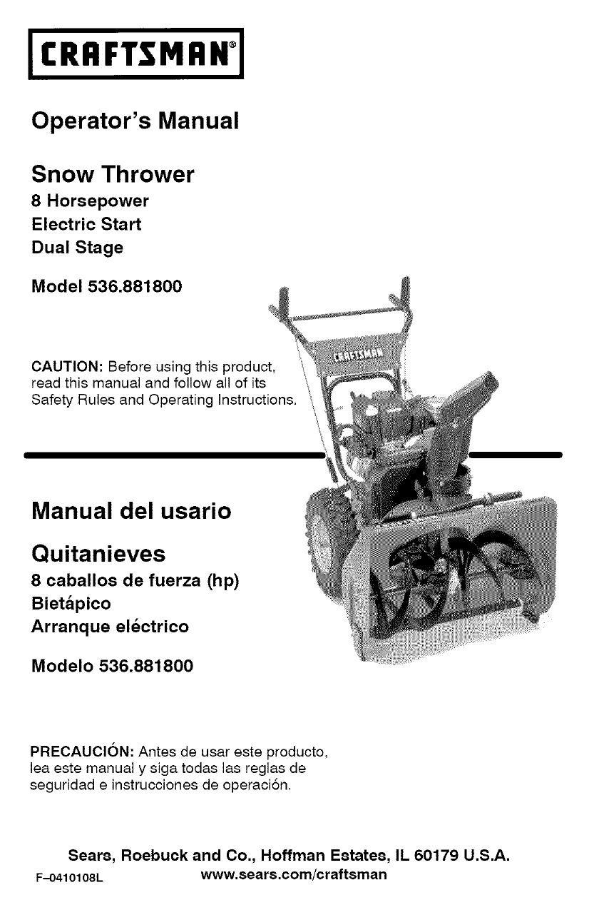 Craftsman Snow Blower 536.8818, 536.8818, 536.881800, 536.887990 User ...