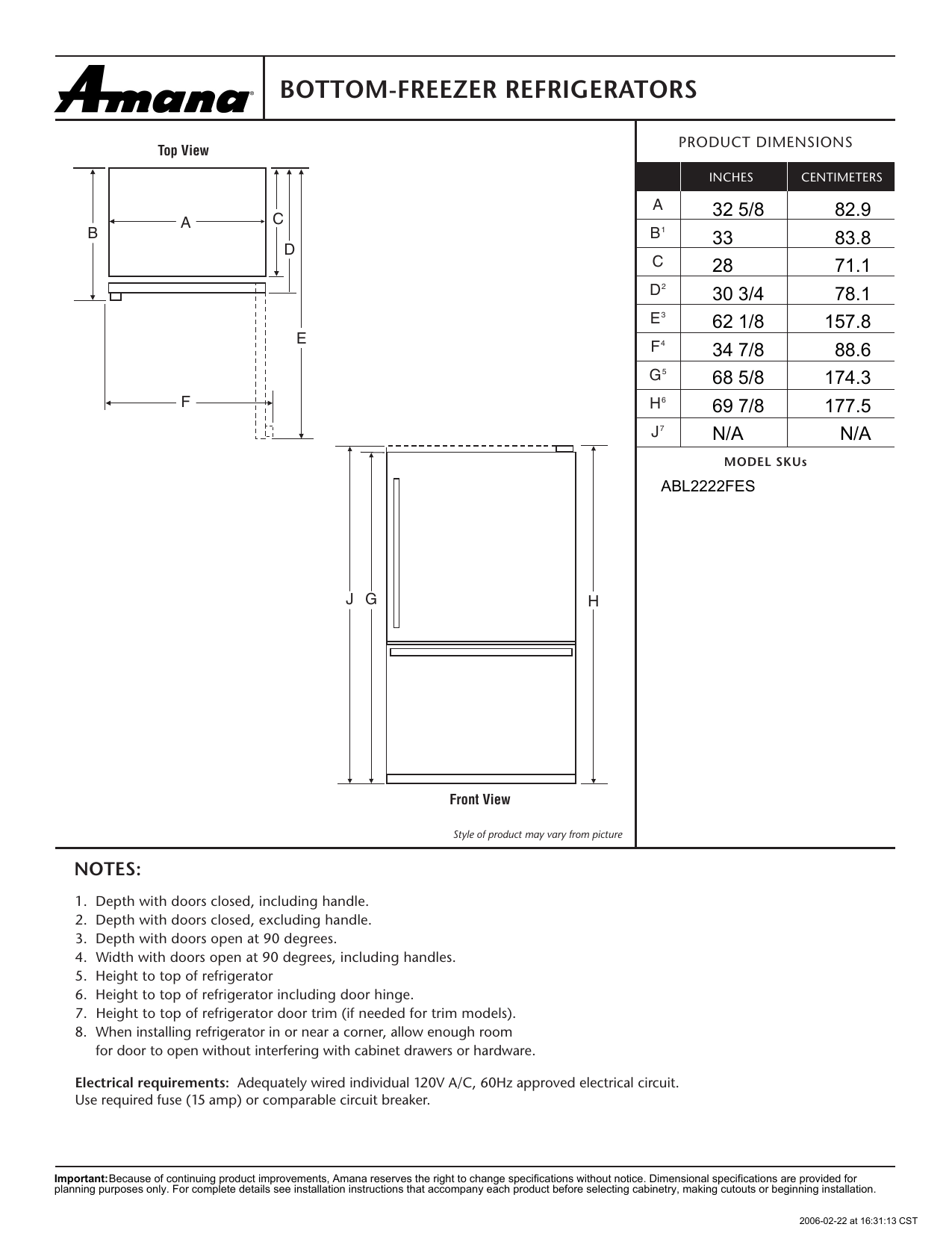 amana refrigerator dimensions