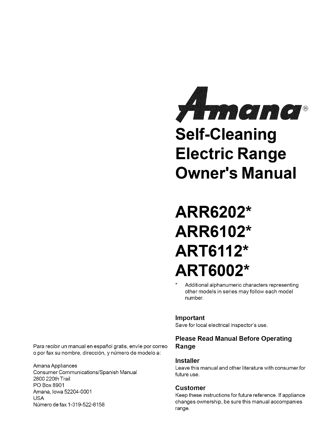 Amana Oven ARR6202 User manual Manualzz