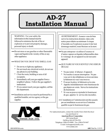 American Dryer Corp. Clothes Dryer AD-27 Installation manual | Manualzz
