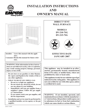 Empire Comfort Systems Furnace DV-210-7SG User manual | Manualzz