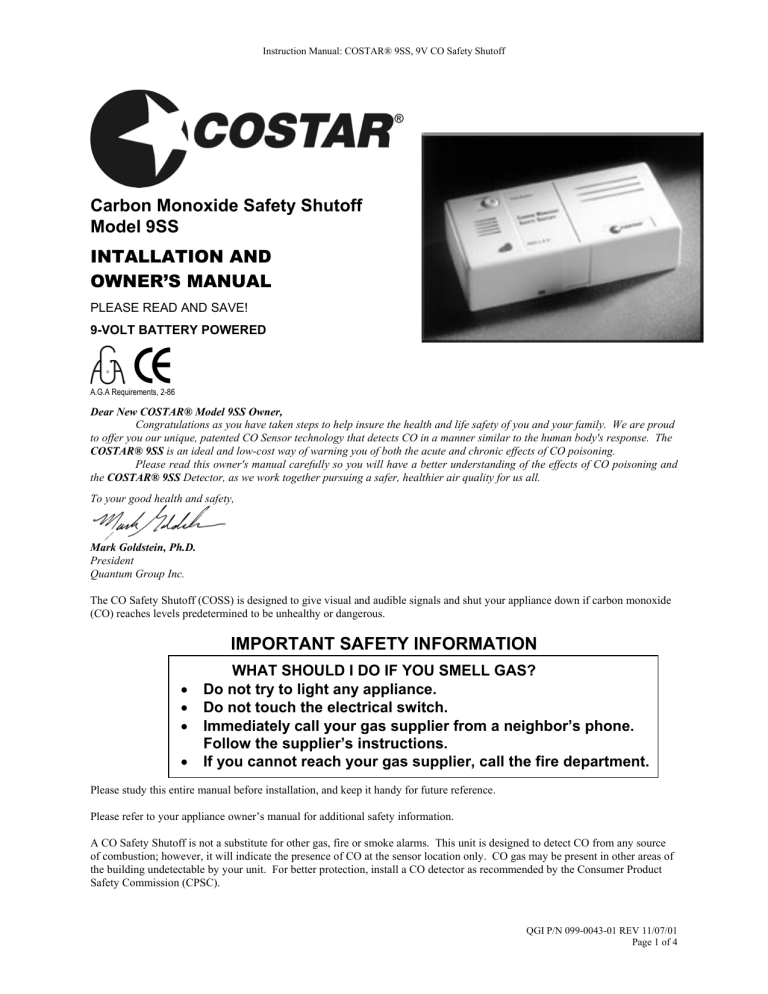 Costar Carbon Monoxide Alarm 9ss User Manual Manualzz