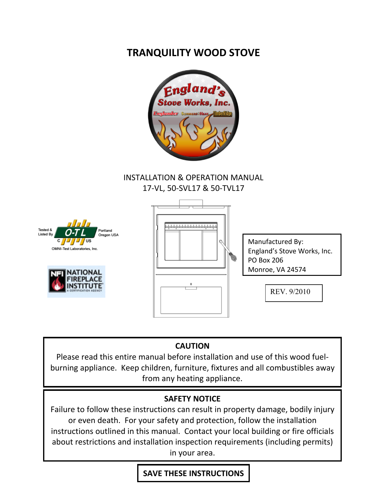 England's Stove Works Stove 17VL User manual | Manualzz