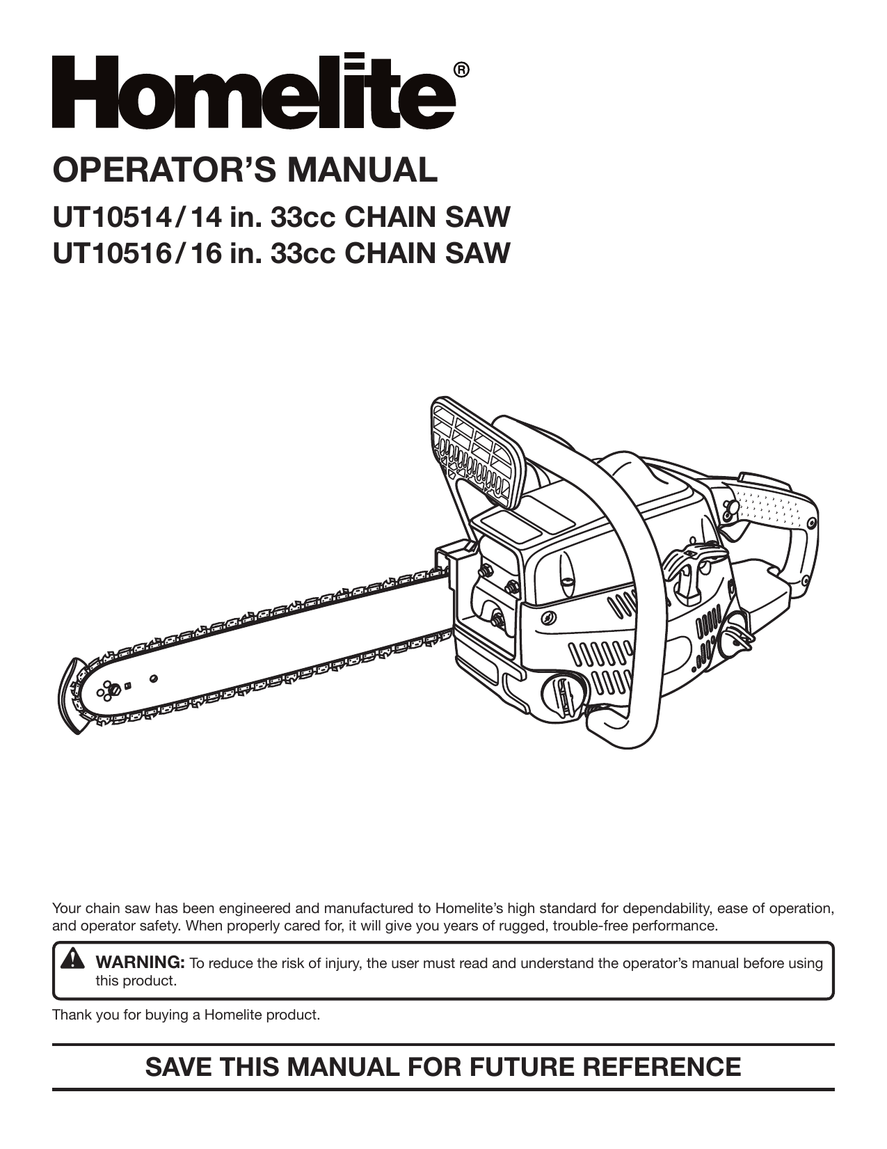 Homelite Chainsaw UT10516/16 IN. 33CC User manual | Manualzz