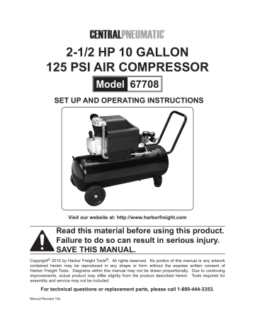 Harbor Freight Tools Air Compressor 67708 Operating instructions | Manualzz