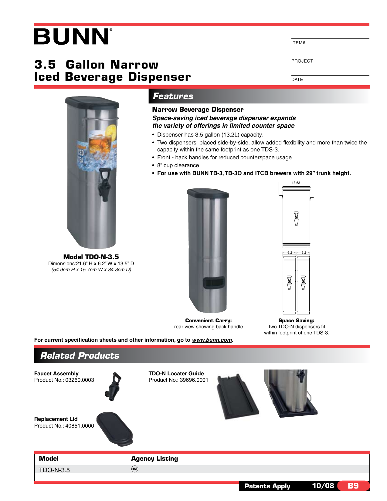 Bunn TDO-N-3.5 Narrow Iced Tea Dispenser - 3.5 Gallon