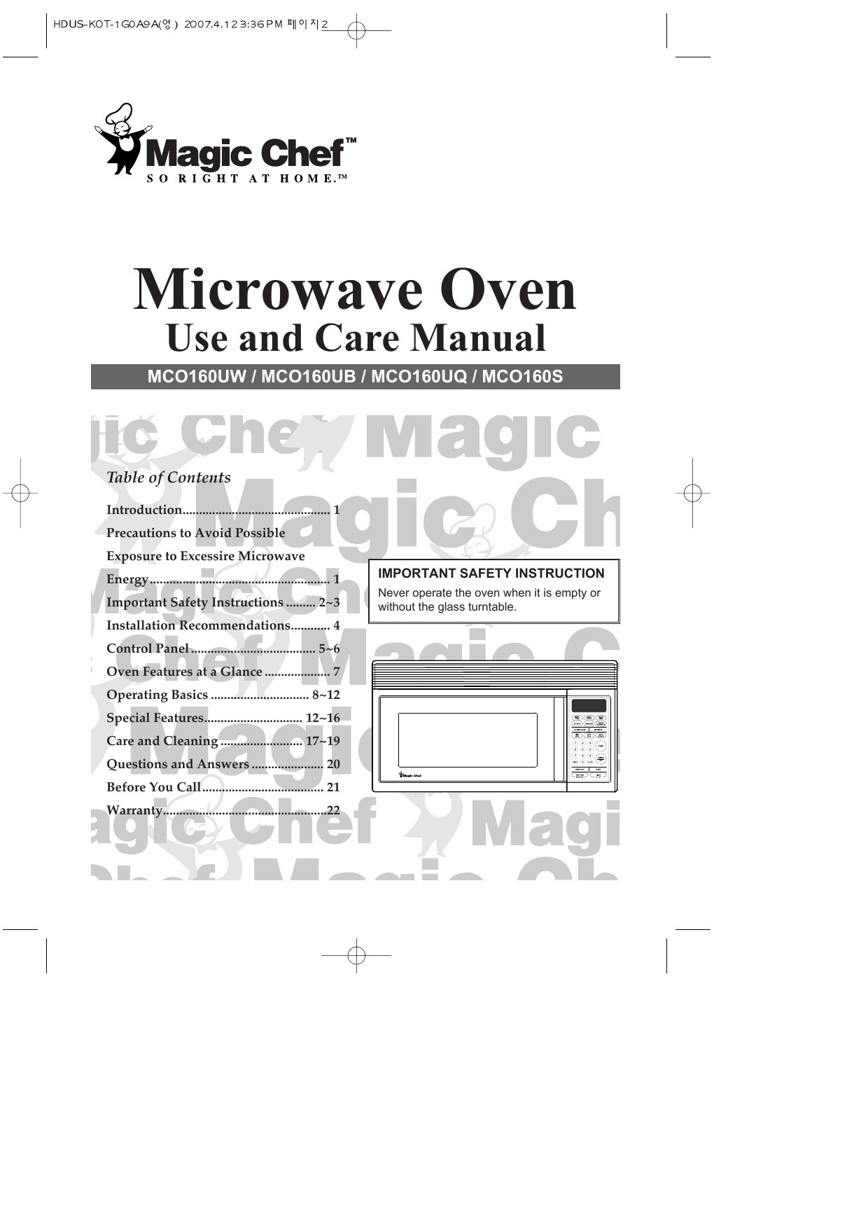 Magic Chef Microwave Oven MCO160S User manual Manualzz