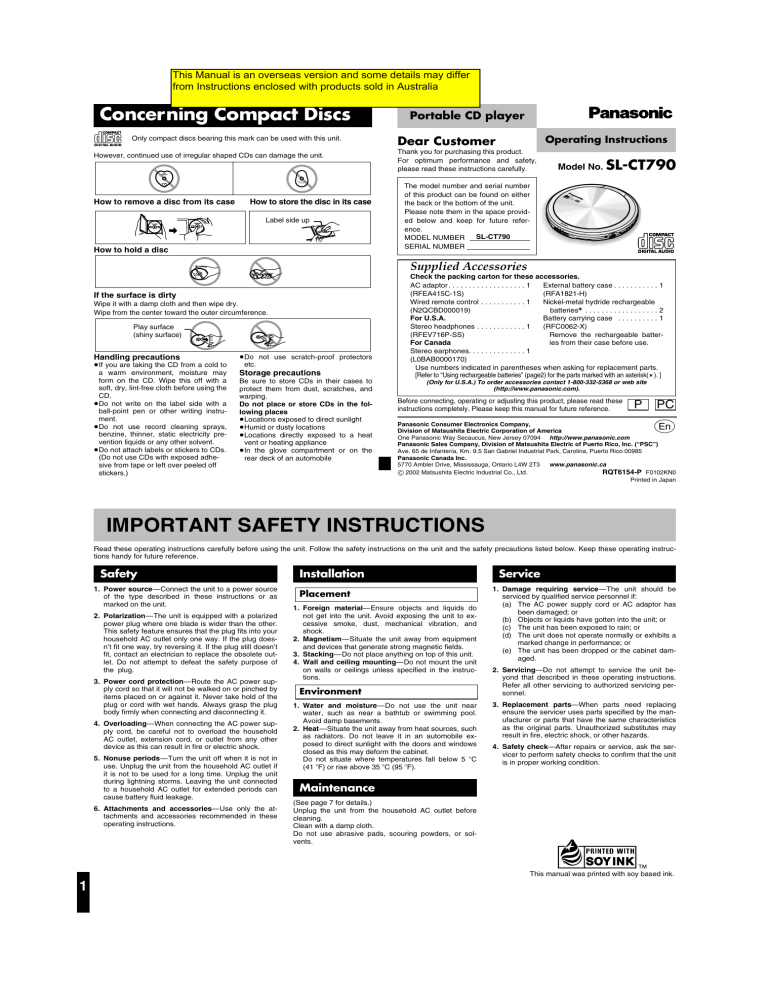 Panasonic Portable Cd Player Sl Ct790 User Manual Manualzz