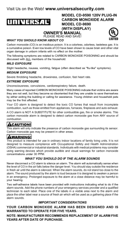 Universal Security Instruments Carbon Monoxide Alarm CD-9590 Owner's Manual | Manualzz