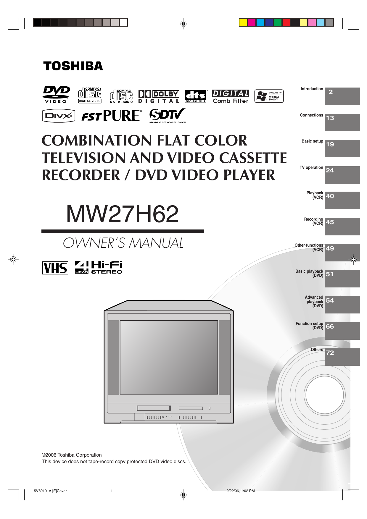 Toshiba Dvd Vcr Combo Mw27h62 User Manual Manualzz