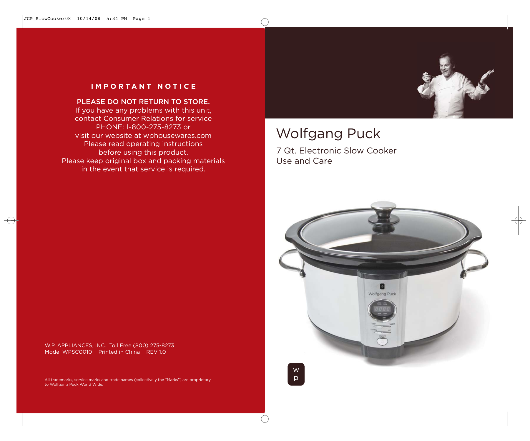 WOLFGANG PUCK BMRC0020 USE AND CARE MANUAL Pdf Download