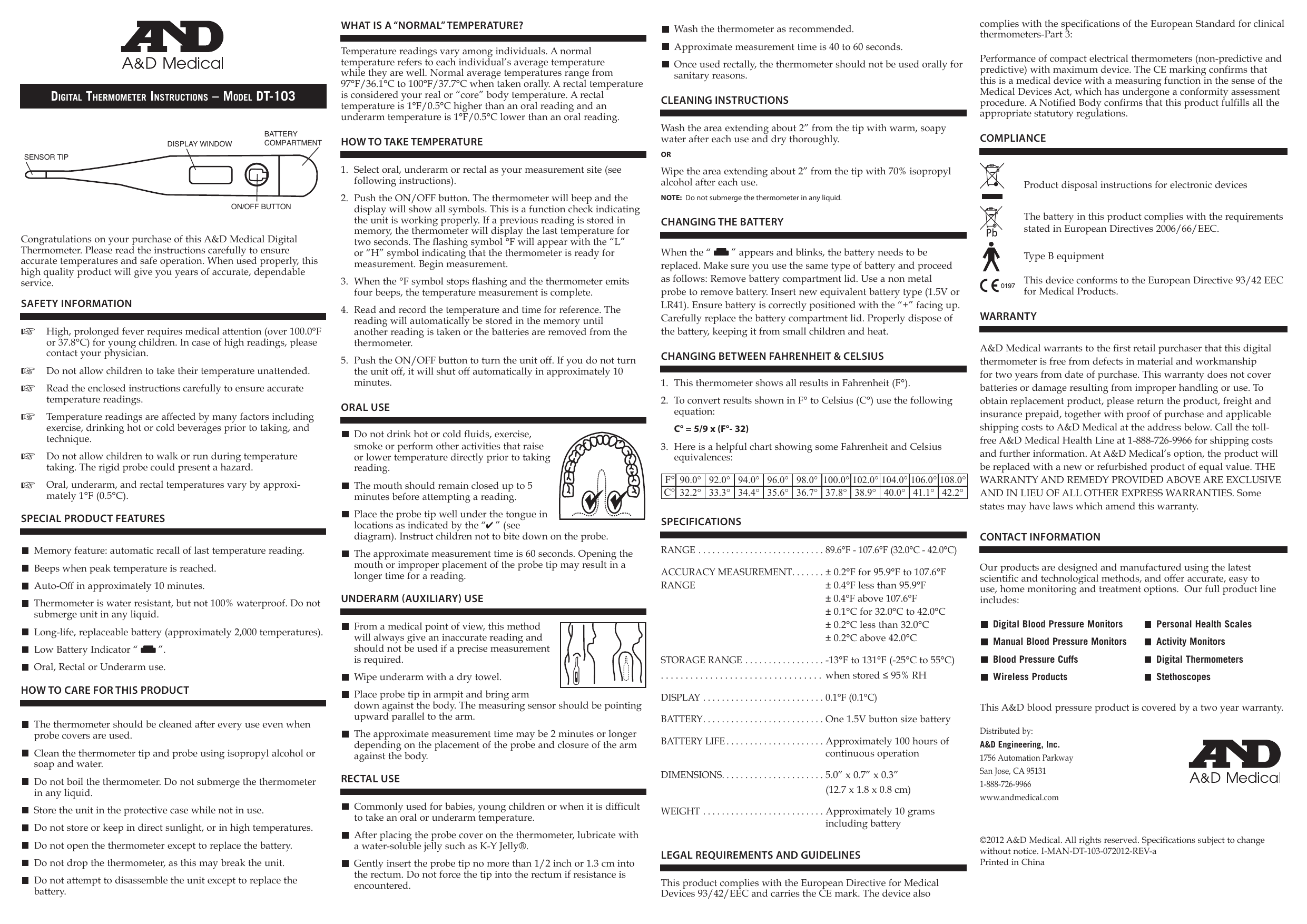 A&D Thermometer DT103 User manual Manualzz