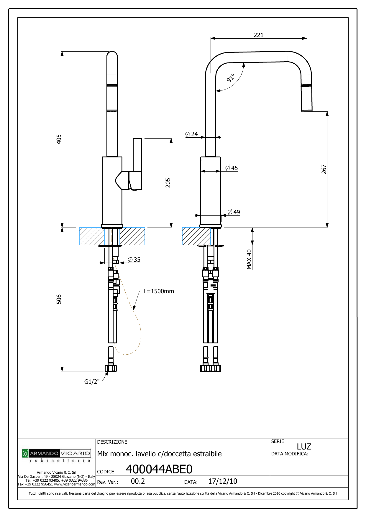 Vicario Armando C Srl Rubinetteria.Armando Vicario Luz Dimensions Sheet Manualzz