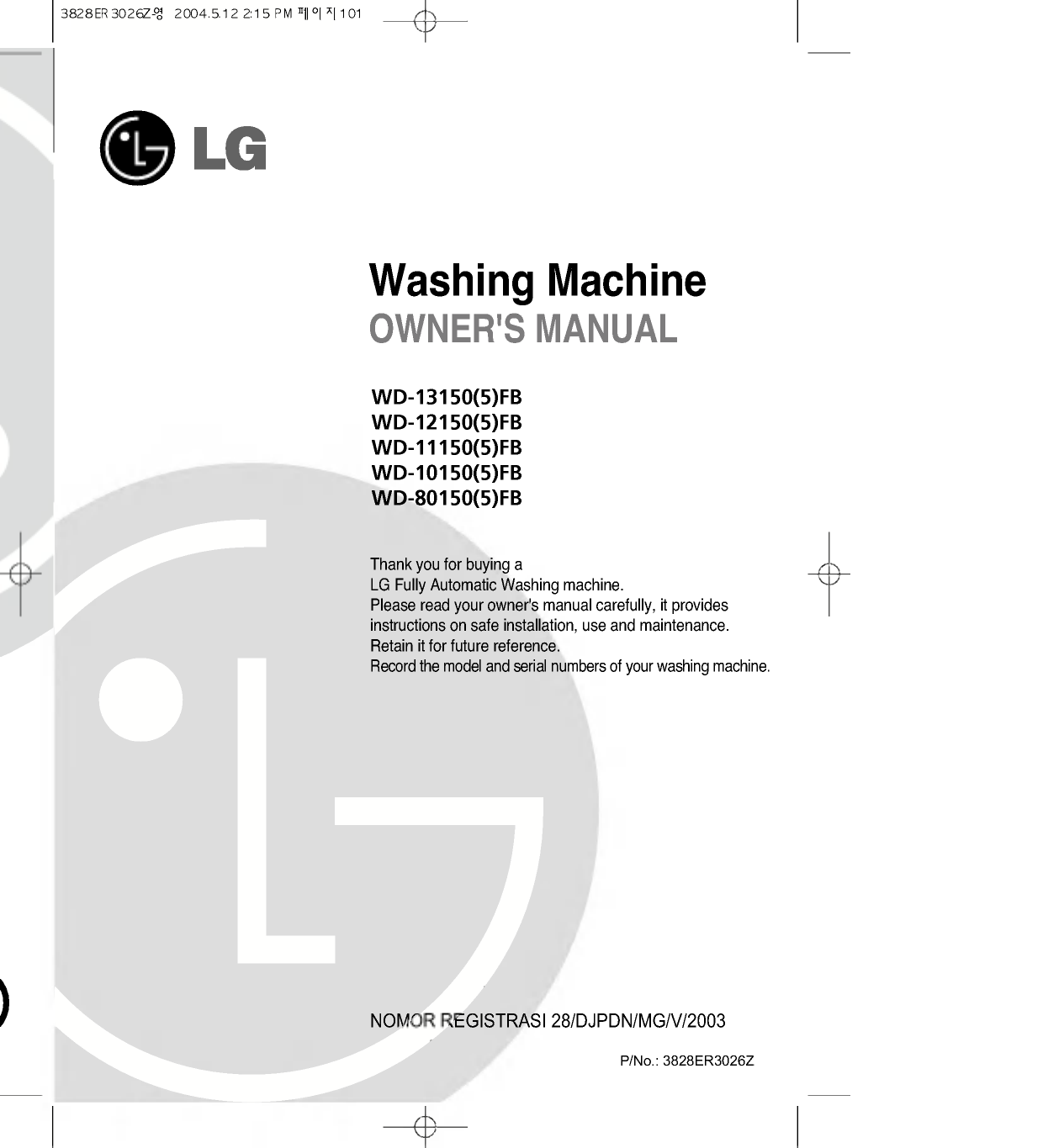 Lg Wd 10155fb Owner S Manual Manualzz