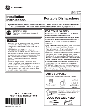 GE GPT225SGLWW Installation Instructions | Manualzz