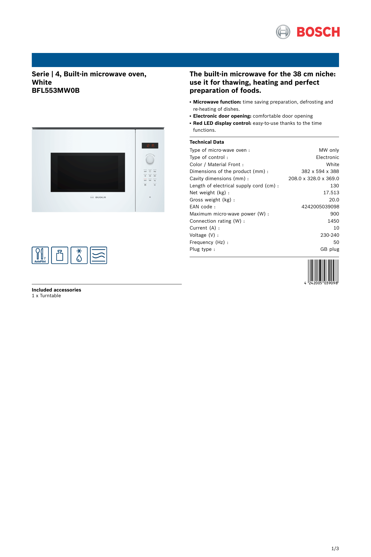 Bosch Bfl553mw0b White Built In Microwave Oven Serie 4 User