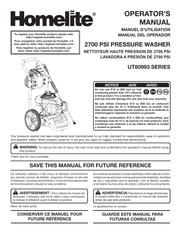 Homelite ut80993 series (ut80993f) 2700 PSI Pressure Washer Owner 