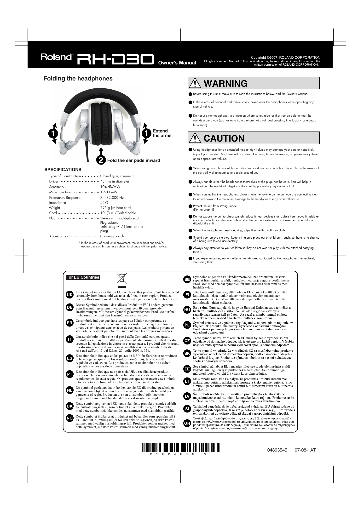 Roland RH-D30 Roland Monitor Headphones Owner's manual | Manualzz