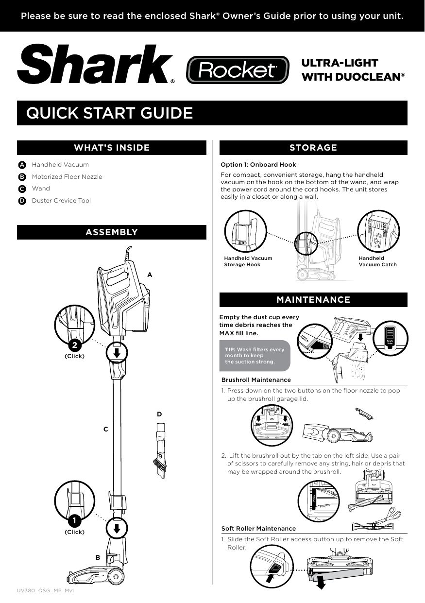 Shark Uv380 Rocket Duoclean Ultra Light Corded Stick Vacuum Quick Start Guide Manualzz