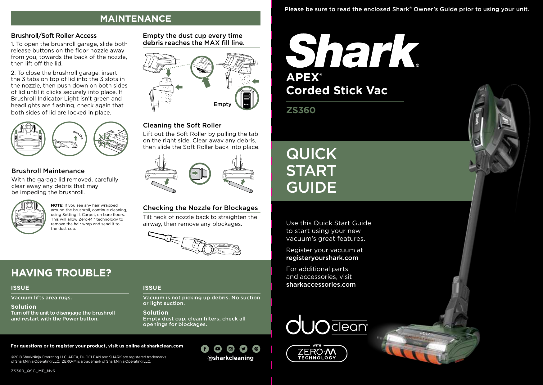 Shark Zs360 Apex Stick Vacuum With Duoclean Self Cleaning Brushroll Quick Start Guide Manualzz